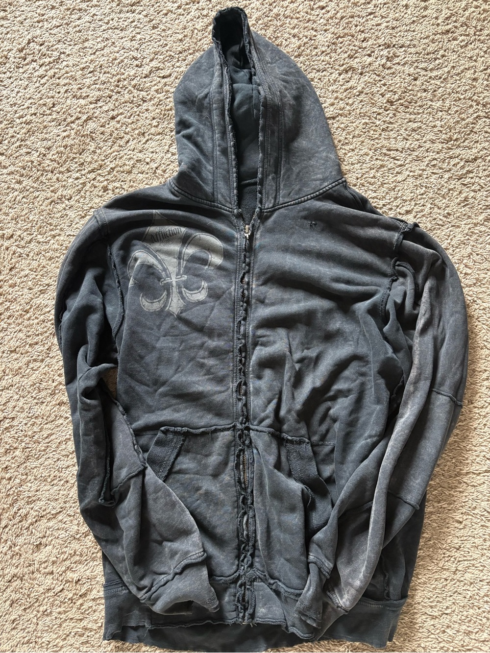 Affliction Distressed Black Full-Zip Hoodie with Fleur-de-Lis